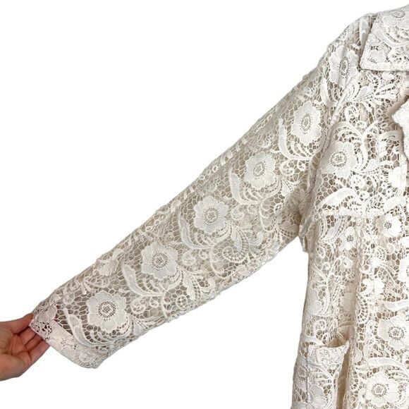 Chico's Trench Jacket Women XL Cream Floral Eyelet Lace Sheer Long Sleeve Coat 3 - Picture 4 of 14